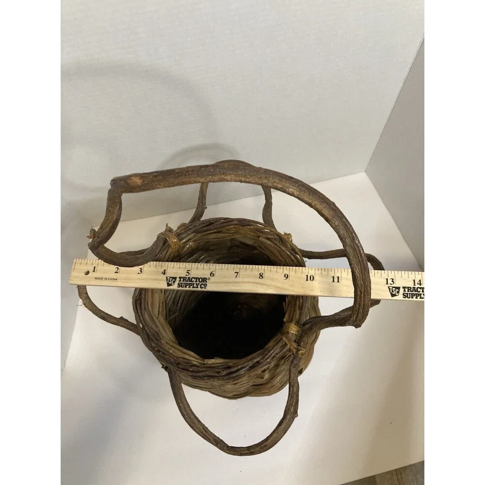 VTG Handmade Rustic Woven Twig Vine Wood Basket Tall Round Primitive Kitsch